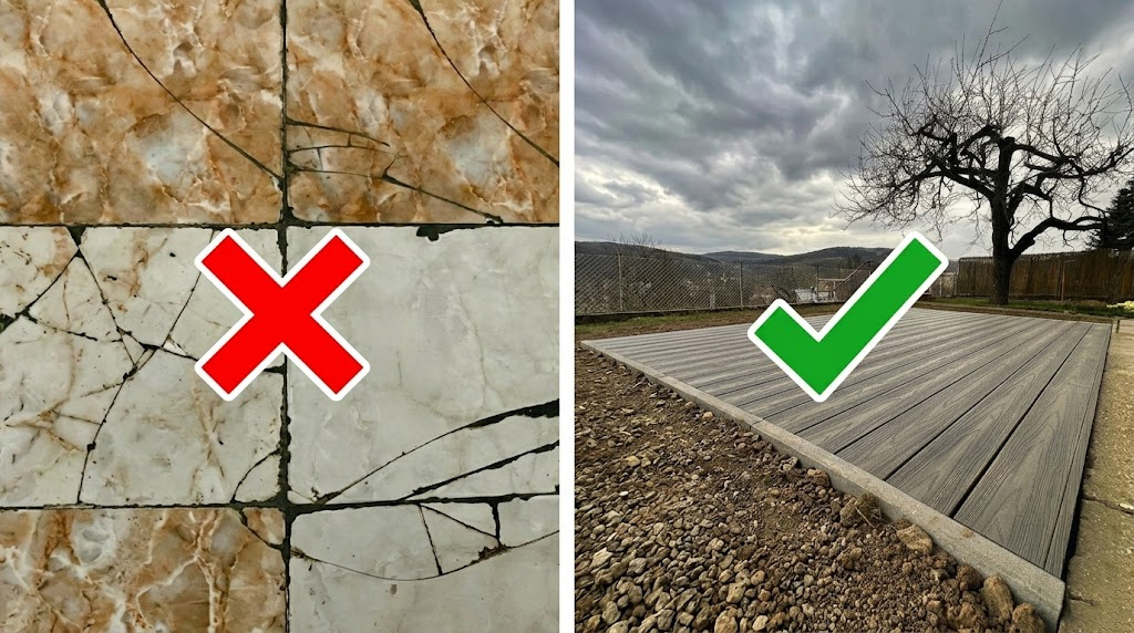 Voľba je jasná. Krásna nová WPC terasa vs rozbitá dlažba na terase